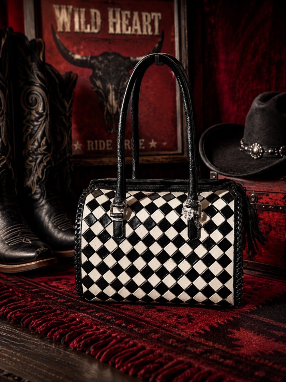 OH LAY by American Darling Genuine Leather Checkered Black and White Tote NWT